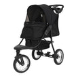 Black pet jogger with a spacious canopy, sturdy frame, and large wheels, designed for comfortable outdoor walks with pets