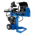 Blue 15-ton log splitter with a sturdy frame, large wheels, and a powerful engine, designed for efficient wood splitting tasks