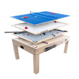Multi-layered 7-in-1 games table in oak, featuring blue and white surfaces for air hockey, table tennis, and more, with sleek design