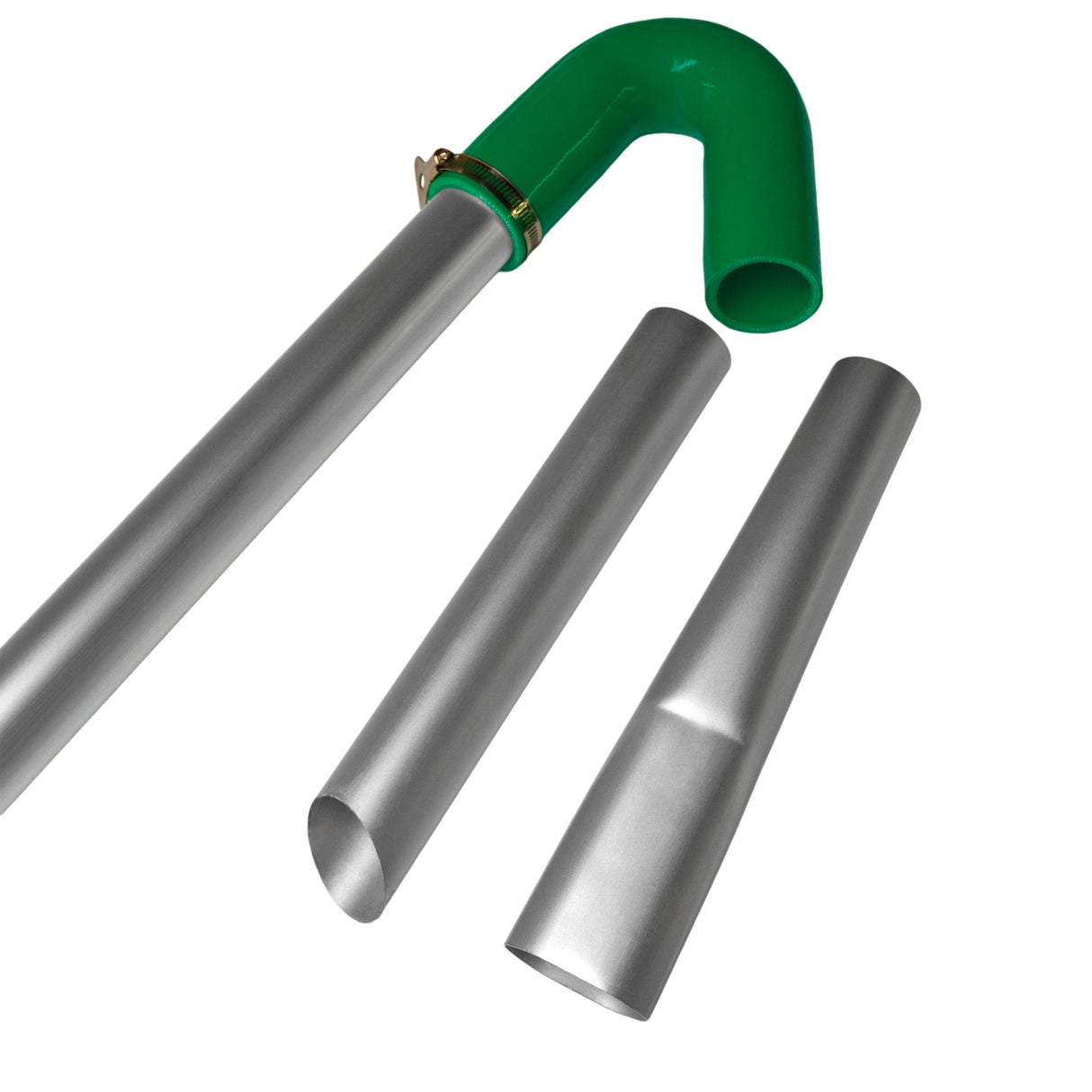 Silver vacuum poles with a green curved attachment, designed for gutter cleaning, showcasing smooth metallic surfaces and durable construction