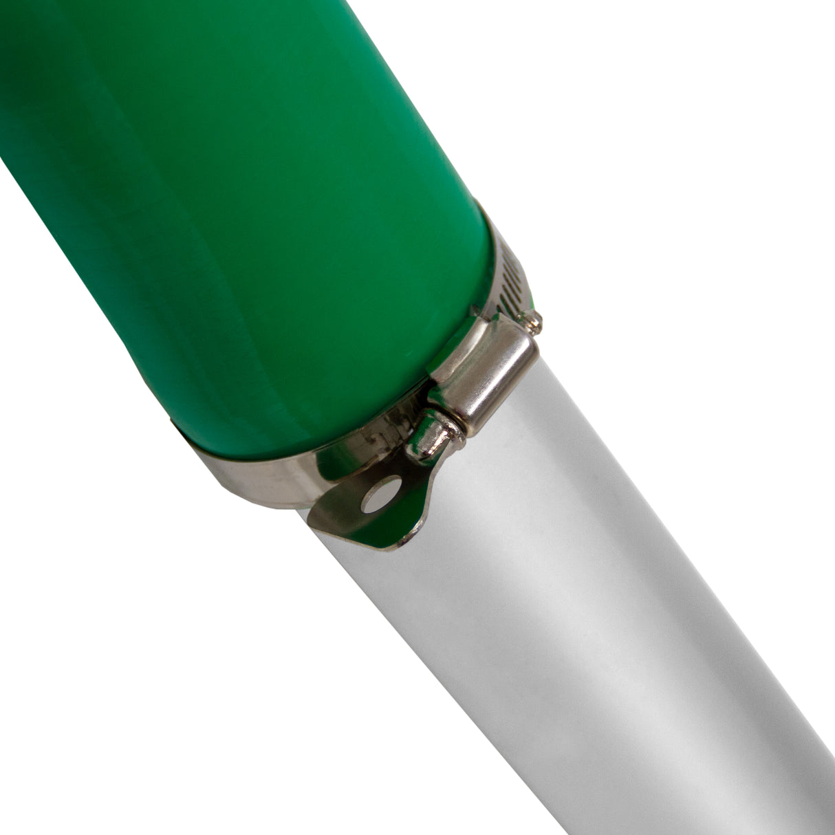 Green gutter vacuum pole with a shiny metal connector, designed for efficient wet and dry vacuuming of debris and leaves