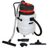 Wet and dry vacuum with a large 90L tank, featuring a black and orange design, metal handle, and various cleaning attachments