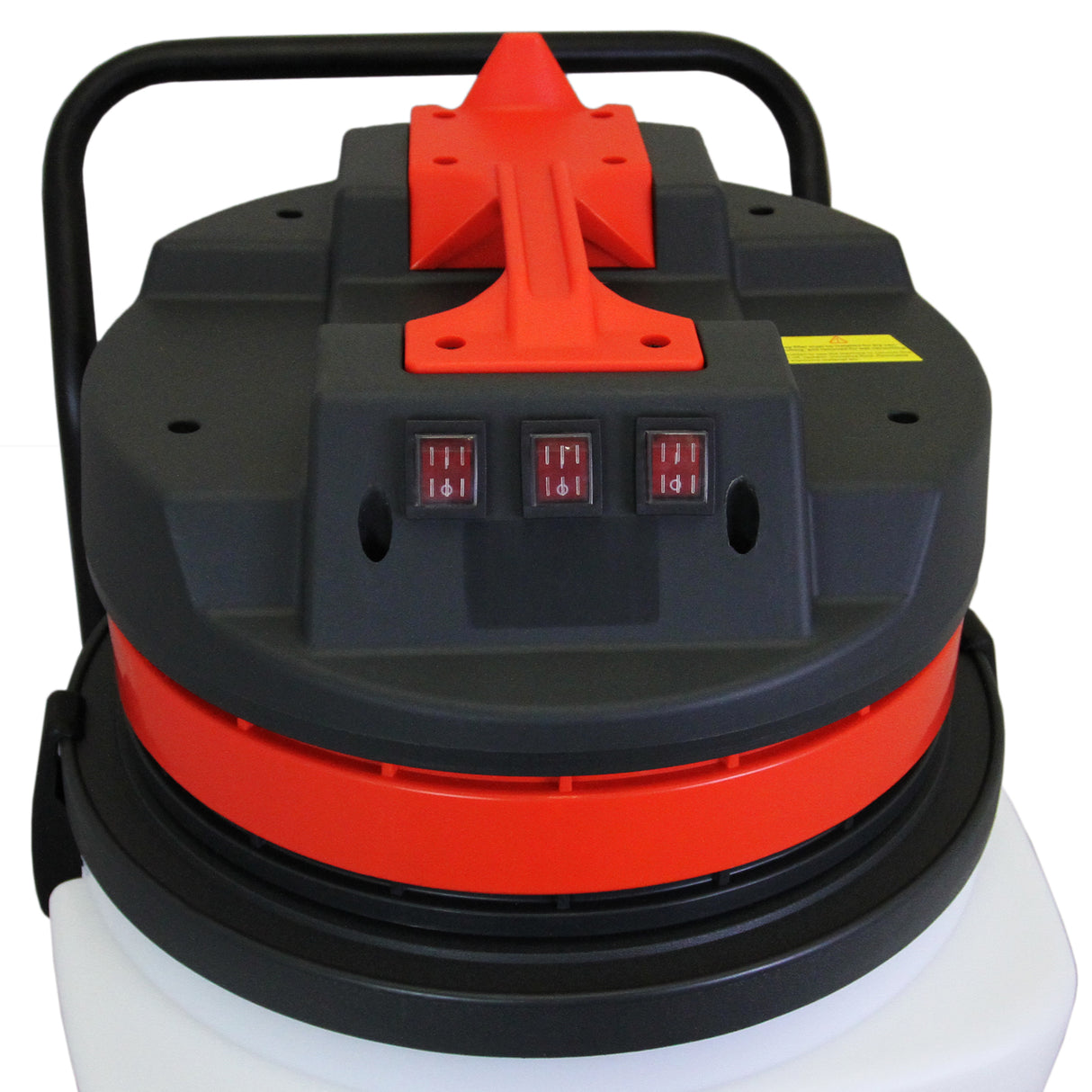 Top view of a wet and dry vacuum with a black and red design, featuring control switches and a sturdy handle for easy maneuvering