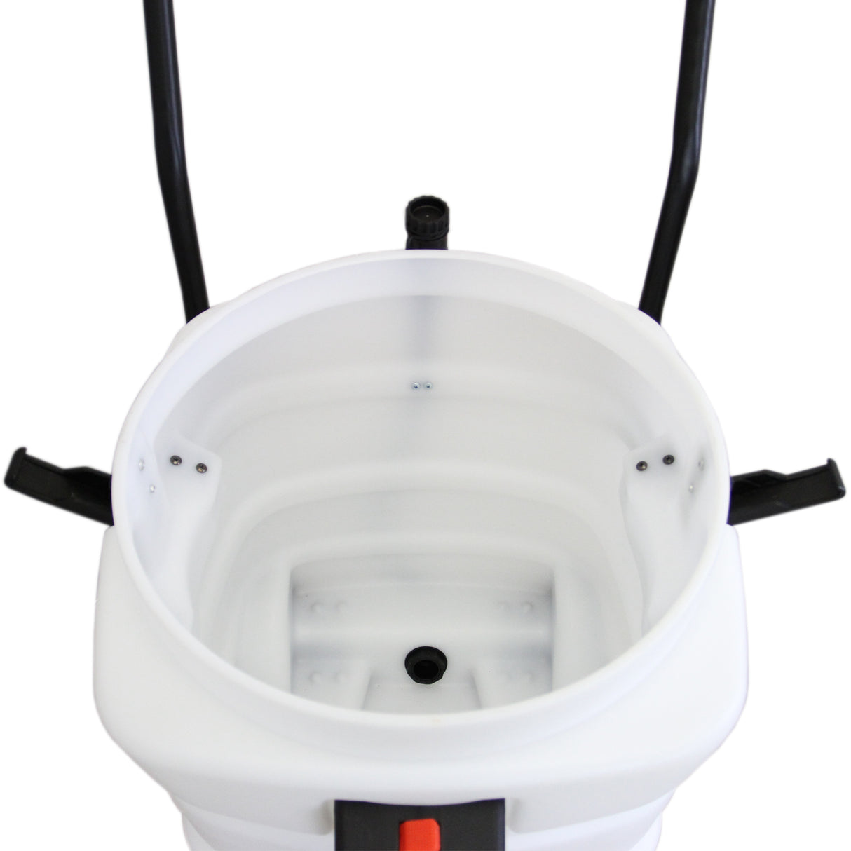 White 90L wet and dry vacuum with a smooth, rounded interior and sturdy black handles for easy transport and use