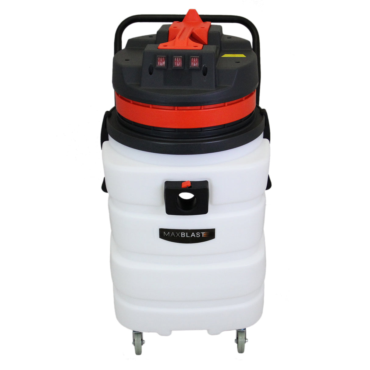 White 90L wet and dry vacuum with a red lid, featuring a sturdy handle and wheels for easy mobility, designed for gutter cleaning