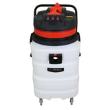White 90L wet and dry vacuum with a red lid, featuring a sturdy handle and wheels for easy mobility, designed for gutter cleaning