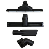 Black gutter vacuum poles and attachments, including a wide squeegee, narrow nozzle, and brush, designed for wet and dry vacuum use