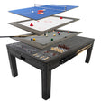 Versatile 7-in-1 games table in grey featuring layers for ping pong, air hockey, billiards, and more, with a sleek wood finish