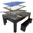 Multi-functional grey games table with layered surfaces for ping pong, air hockey, billiards, and storage benches on the side