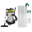 Stainless steel wet and dry vacuum with yellow accents, six aluminum poles, and various attachments for efficient gutter cleaning