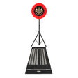 Dart board set featuring a vibrant red outer ring, traditional target design, and a black scoring mat with clear markings