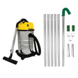 Stainless steel wet and dry vacuum with yellow top, six aluminum gutter vacuum poles, and various attachments for versatile cleaning