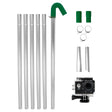 Aluminum gutter vacuum poles with a green curved attachment, camera mount, and various connectors for efficient cleaning