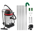 80L wet and dry vacuum with stainless steel body, red accents, flexible hose, gutter vacuum poles, and camera for versatile cleaning