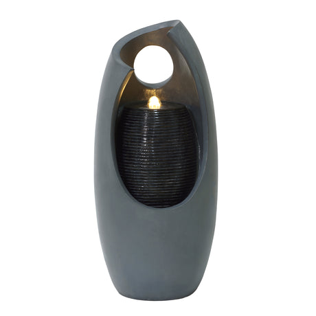 Sleek gray electric water feature with a modern design, featuring a glowing light and textured black stone accents