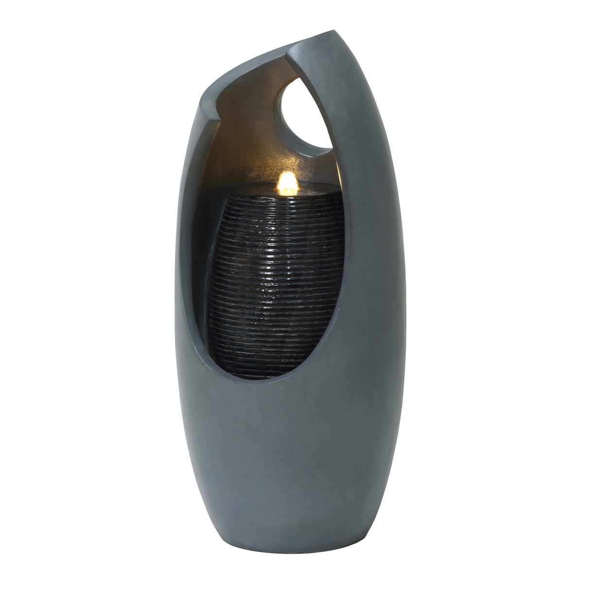 Sleek gray electric water feature with a modern design, featuring a soft glow and textured interior for a calming ambiance