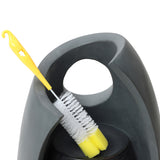 Sleek gray electric water feature with a modern design, featuring a yellow cleaning brush nestled in its curved opening