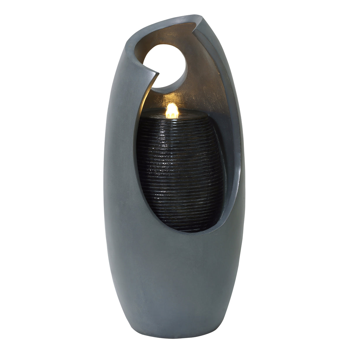 Sleek gray electric water feature with a modern design, featuring a glowing light and textured black water reservoir inside
