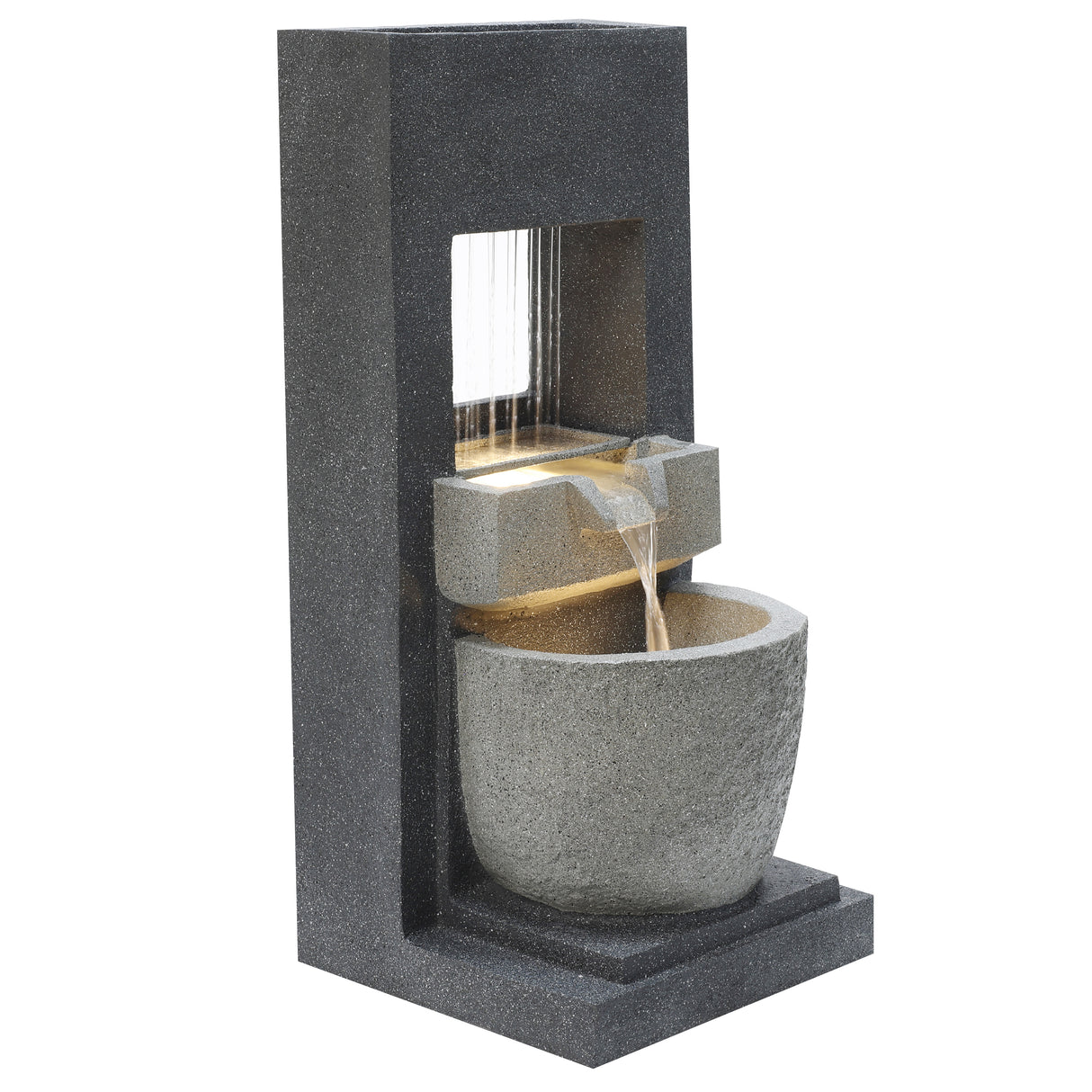 Sleek electric water feature with cascading water, dark stone finish, and illuminated bowl for a tranquil outdoor ambiance
