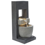 Sleek electric water feature with cascading water, dark stone finish, and illuminated bowl for a tranquil outdoor ambiance