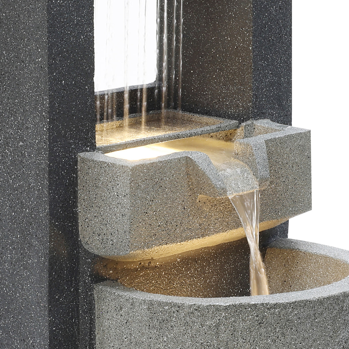 Sleek gray electric water feature with cascading streams, illuminated basin, and textured stone finish, enhancing outdoor ambiance