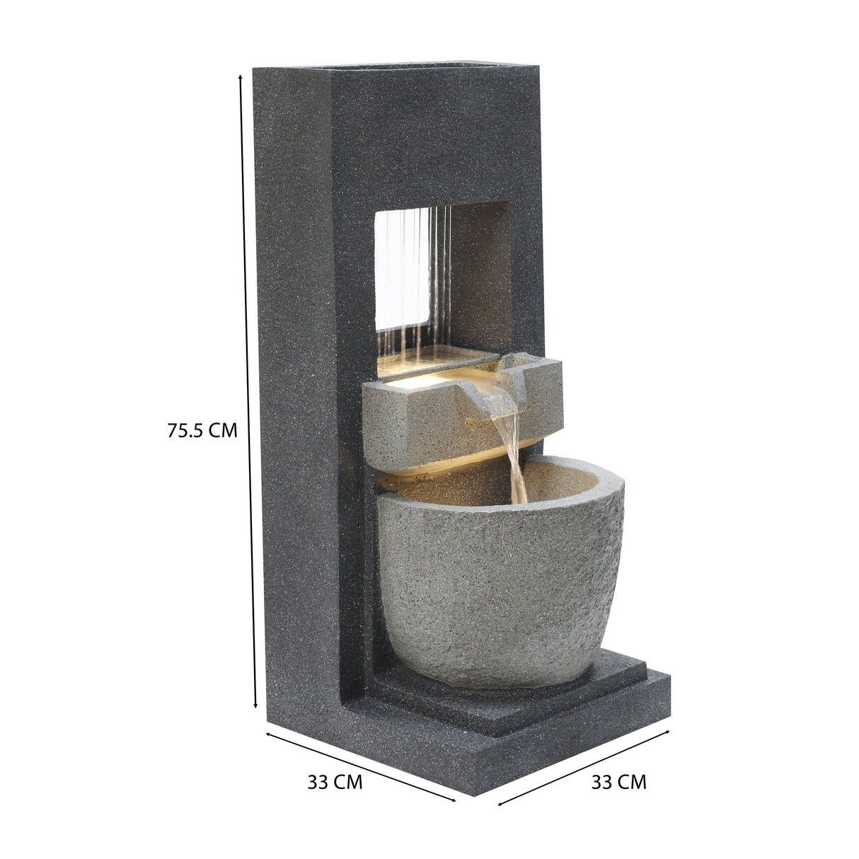 Sleek black electric water feature with cascading water, textured stone finish, and illuminated bowl for a serene ambiance