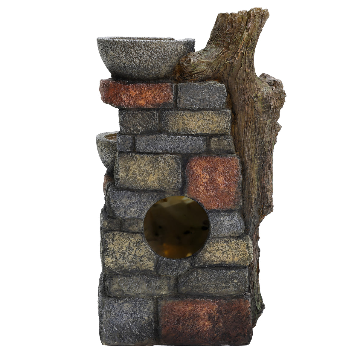 Rustic electric water feature with textured stone design, featuring three bowls and a natural wood accent, ideal for gardens