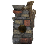 Rustic electric water feature with textured stone design, featuring three bowls and a natural wood accent, ideal for gardens