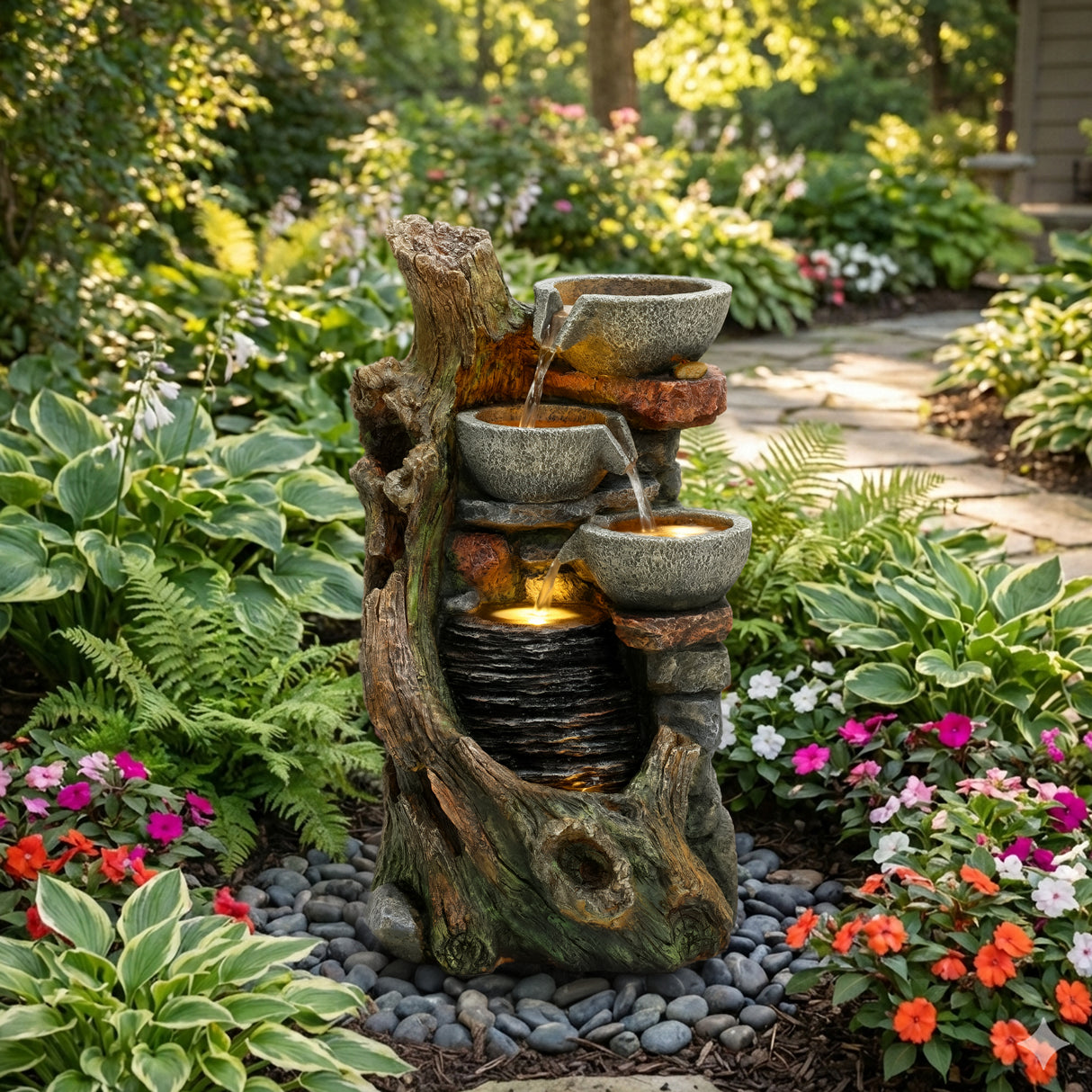 Rustic electric water feature with cascading bowls, textured stone finish, surrounded by vibrant flowers and lush greenery