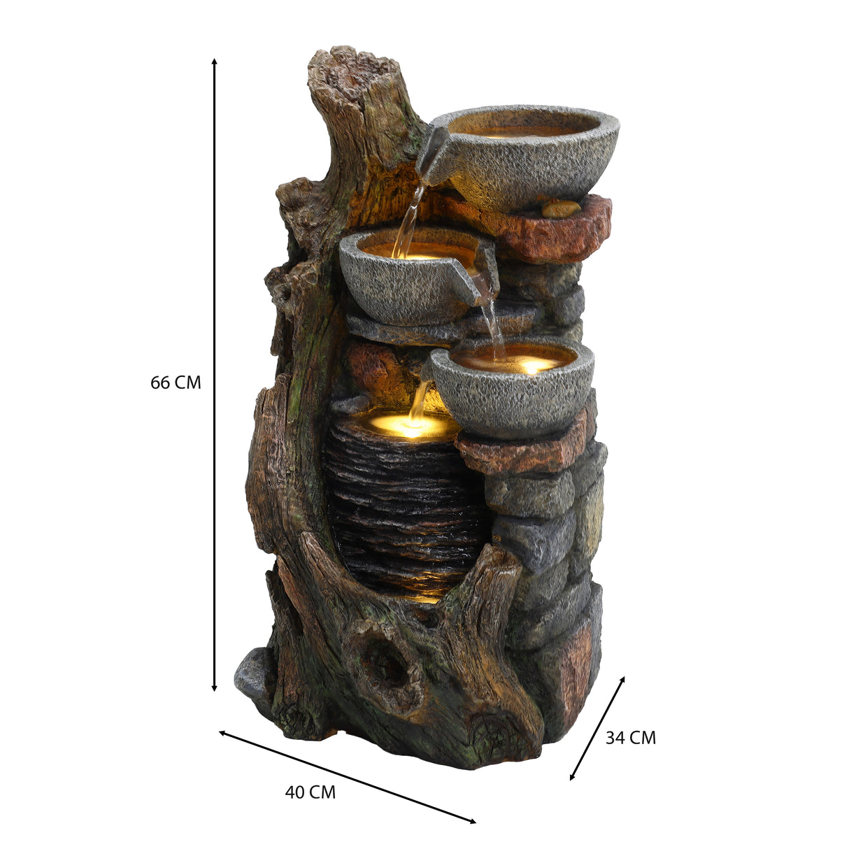 Rustic electric water feature with three cascading bowls, textured stone finish, and natural wood accents, creating a serene ambiance