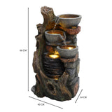 Rustic electric water feature with three cascading bowls, textured stone finish, and natural wood accents, creating a serene ambiance