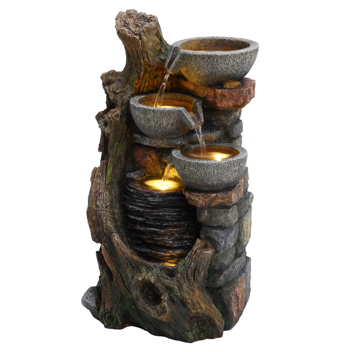 Rustic electric water feature with three cascading bowls, textured stone finish, and natural wood accents, creating a serene ambiance