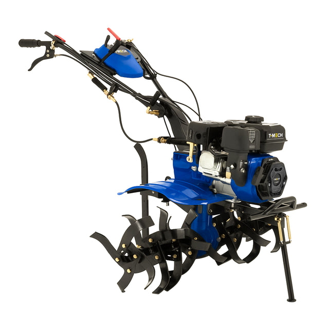 Blue 7.5hp petrol rotavator with black tilling blades, sturdy handles, and a compact design for efficient soil cultivation