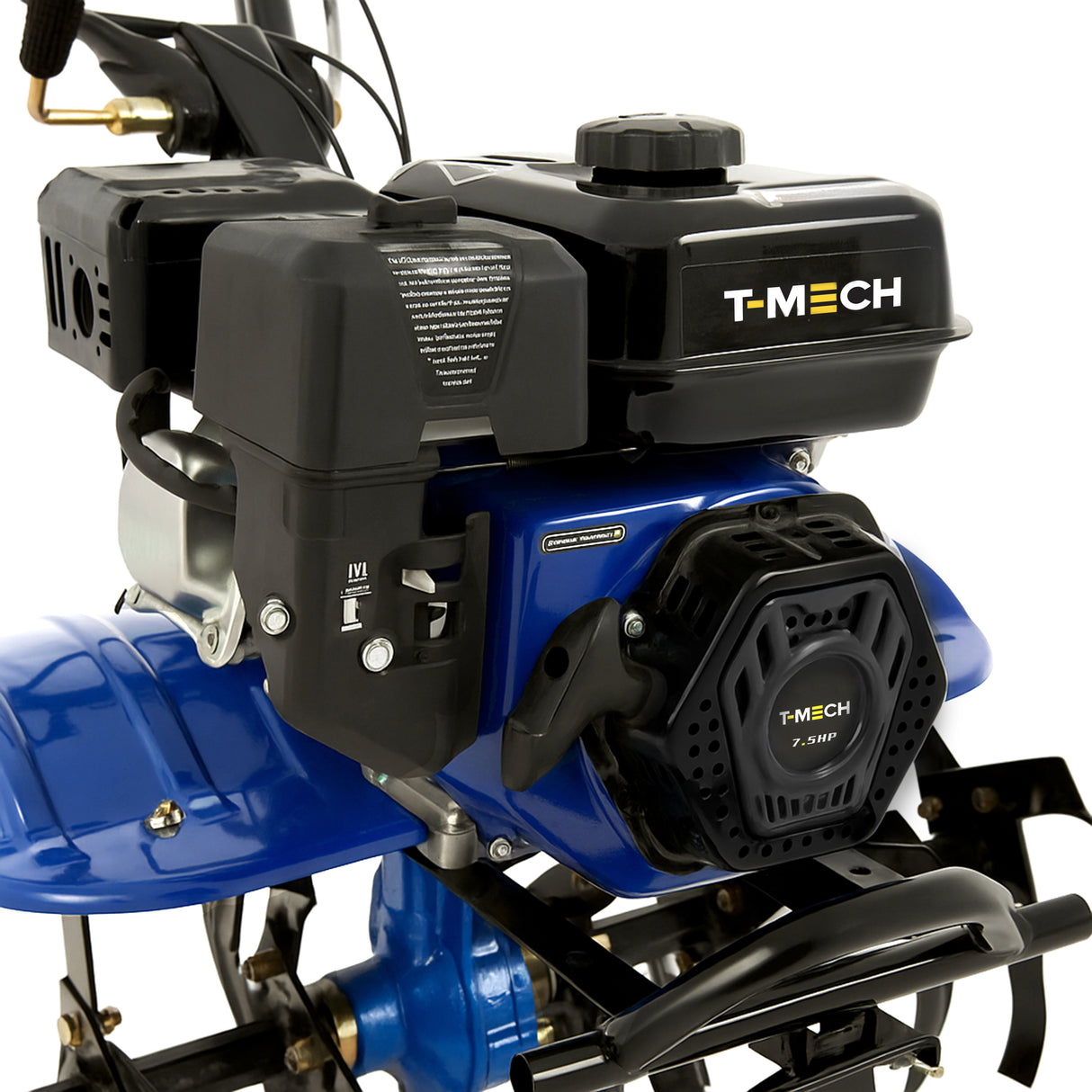 Powerful 7.5hp petrol rotavator with a blue body, black engine cover, and sturdy metal handles for efficient soil tilling