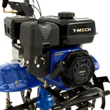 Powerful 7.5hp petrol rotavator with a blue body, black engine cover, and sturdy metal handles for efficient soil tilling