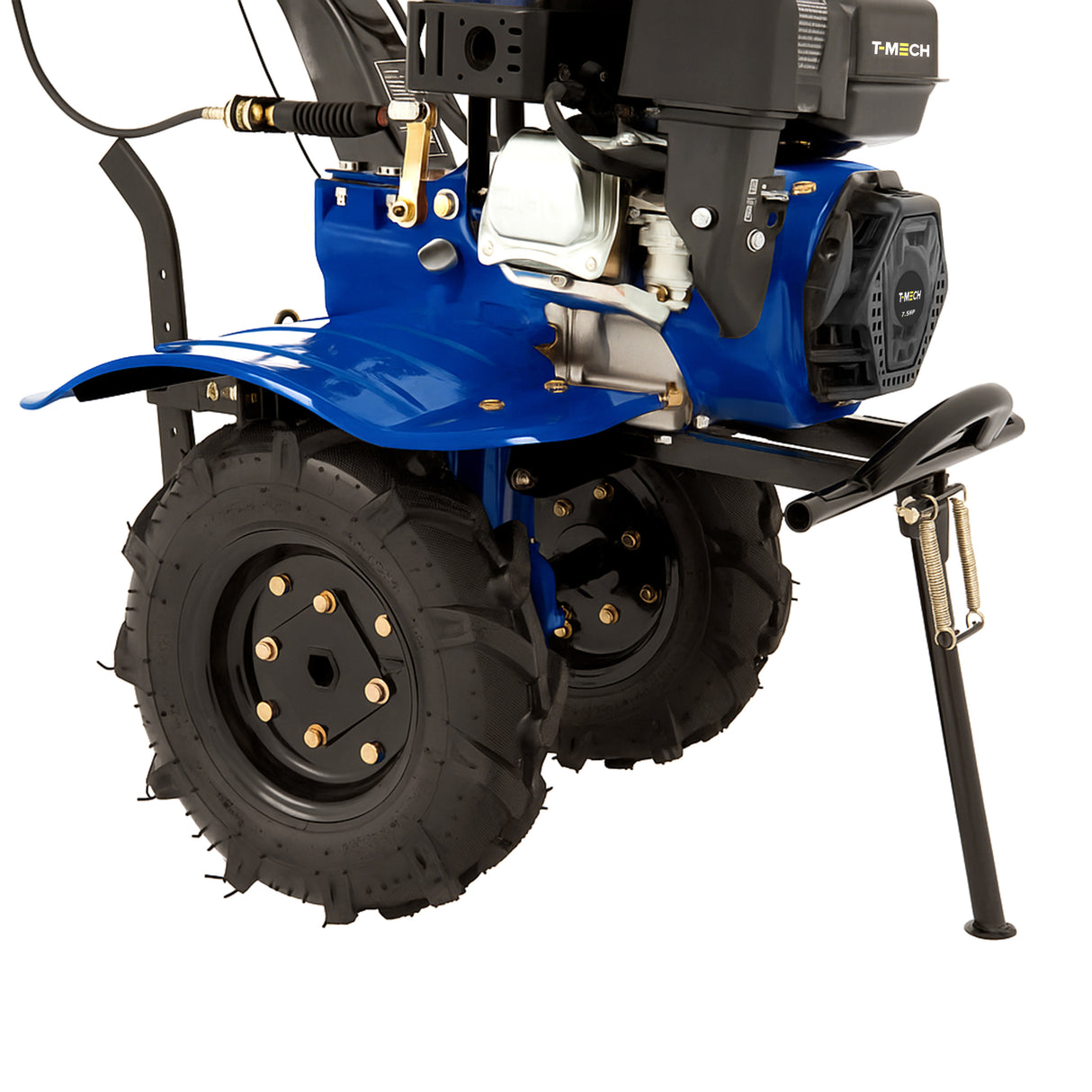 Blue 7.5hp petrol rotavator with rugged black tires, sturdy metal frame, and adjustable rear support leg for enhanced stability