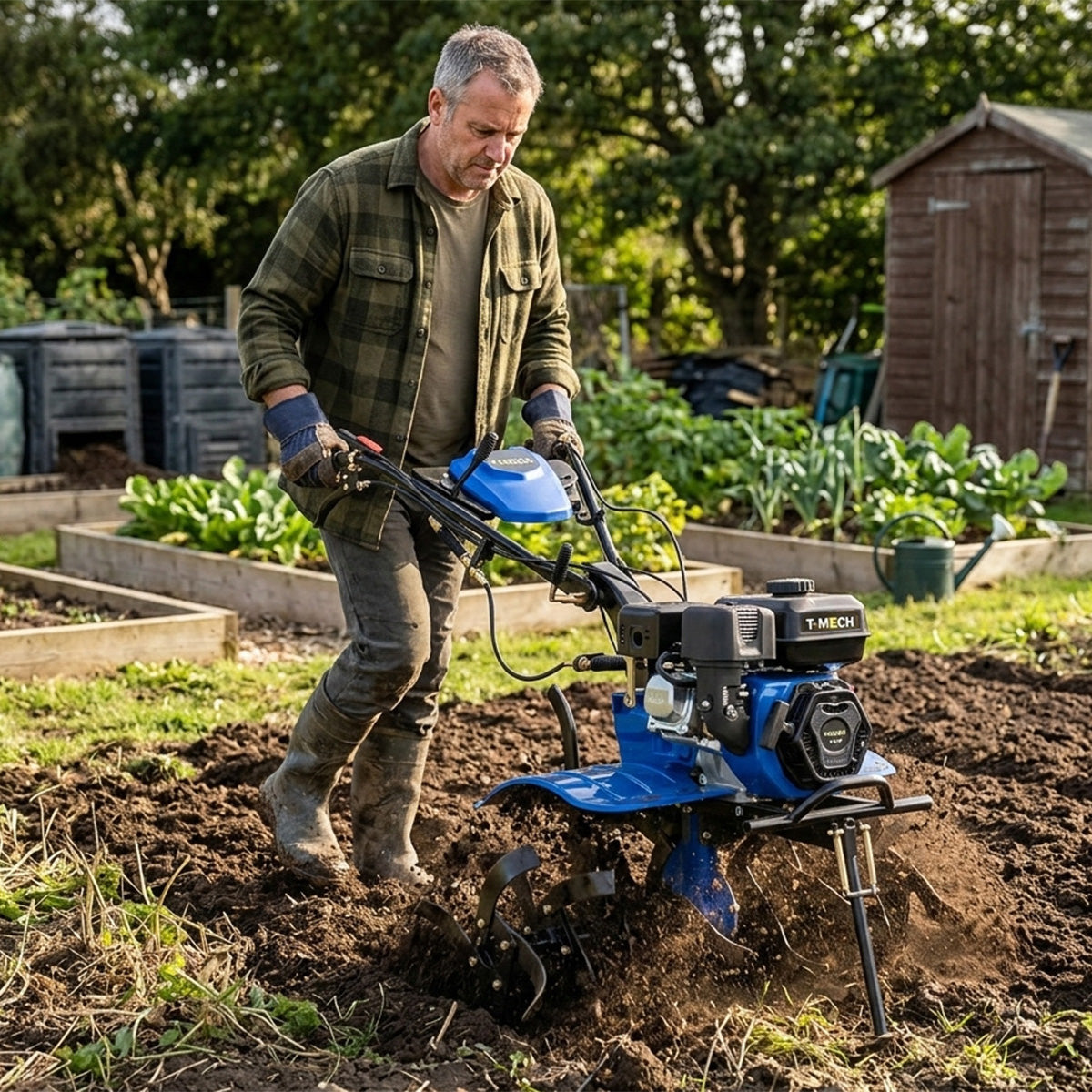 A man in a plaid shirt uses a blue 7.5hp petrol rotavator to till dark soil in a garden surrounded by green plants and wooden beds