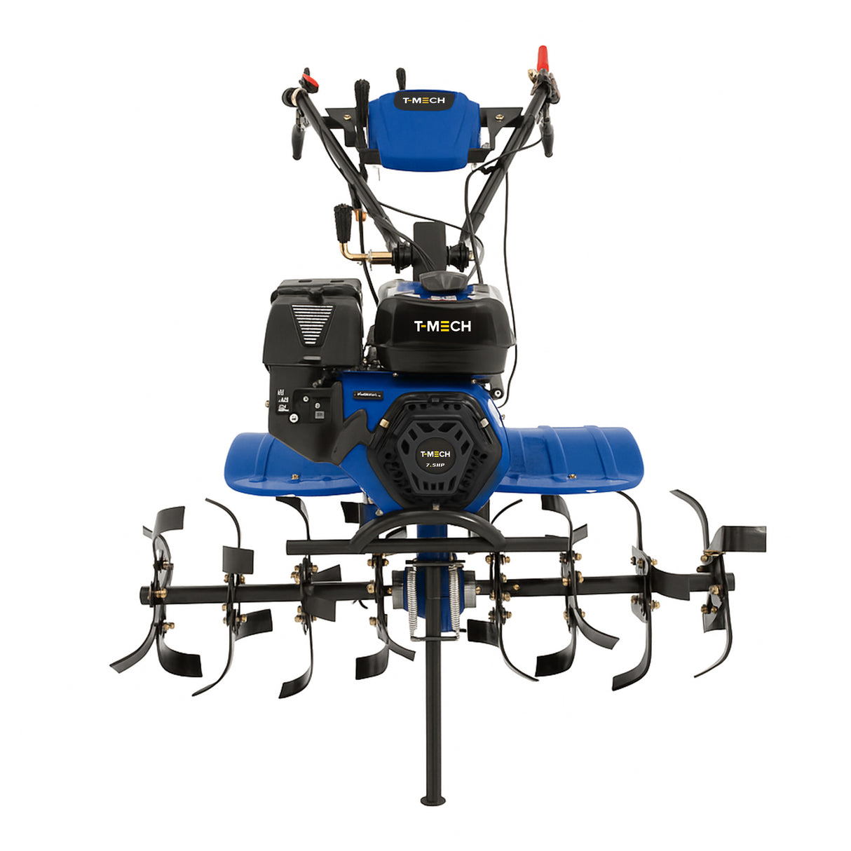 Powerful 7.5hp petrol rotavator with blue and black body, featuring sharp metal tines for effective soil tilling and cultivation