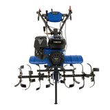 Powerful 7.5hp petrol rotavator with blue and black body, featuring sharp metal tines for effective soil tilling and cultivation