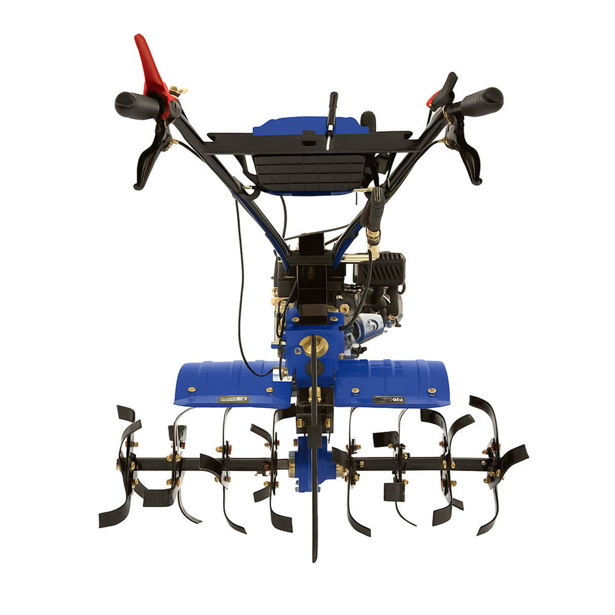 Powerful 7.5hp petrol rotavator with a blue body, sharp metal tines, and ergonomic handles for efficient soil cultivation