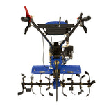 Powerful 7.5hp petrol rotavator with a blue body, sharp metal tines, and ergonomic handles for efficient soil cultivation