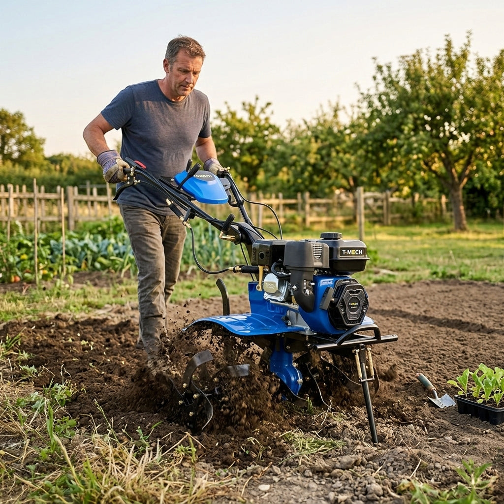 A man using a blue 7.5hp petrol rotavator to till dark soil in a garden, surrounded by green plants and trees in the background
