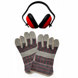 Protective ear muffs with red padding and durable work gloves featuring gray leather palms and a plaid fabric design