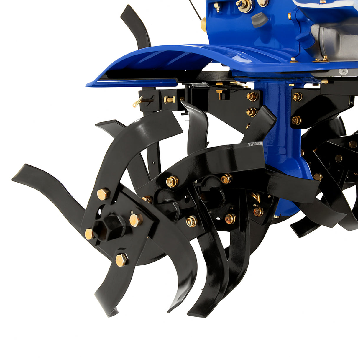 Powerful 7.5hp petrol rotavator with sharp black tiller blades, blue engine cover, and sturdy wheels for efficient soil cultivation
