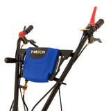 T-MECH 7.5hp petrol rotavator featuring a blue engine cover, black handles, and red throttle controls for easy operation