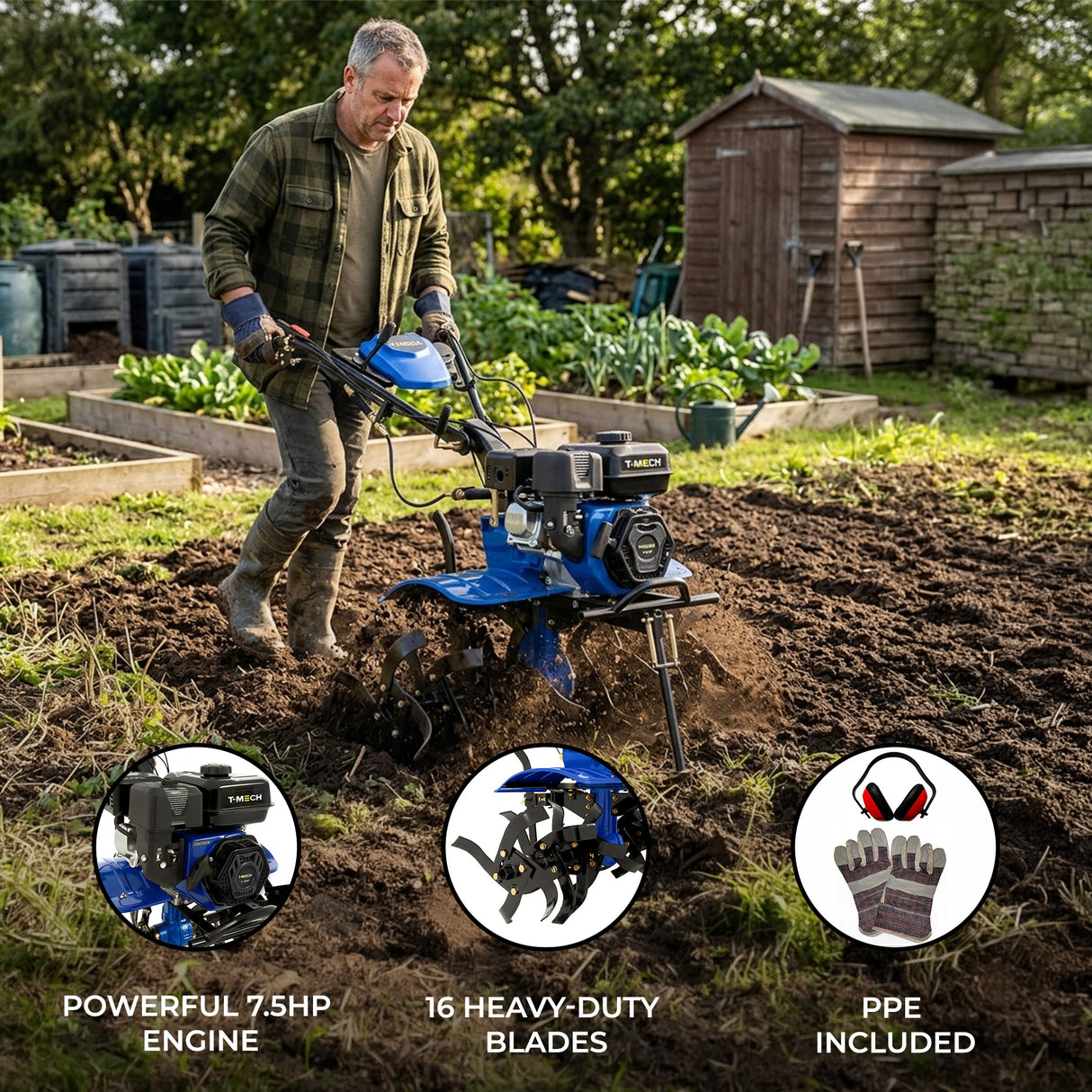 Powerful 7.5hp petrol rotavator in action, featuring a blue frame, 16 heavy-duty blades, and a sturdy design for effective tilling