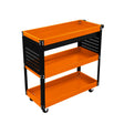 Durable T-Mech tool storage trolley with a black frame and bright orange shelves, featuring perforated sides and smooth wheels for mobility