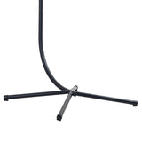 Curved black metal stand supporting a rattan hanging egg chair, featuring a woven texture and a stylish, modern design