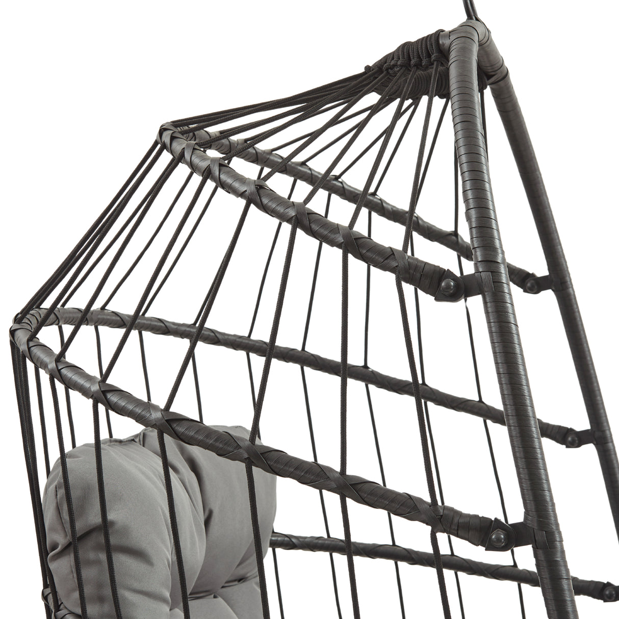 Stylish black rattan hanging egg chair featuring a woven design, sturdy frame, and comfortable cushioned seat for relaxation