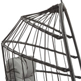 Stylish black rattan hanging egg chair featuring a woven design, sturdy frame, and comfortable cushioned seat for relaxation